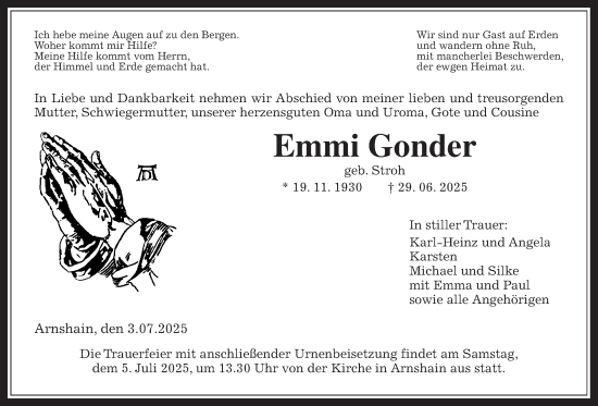 Traueranzeige von Emmi Gonder von Oberhessische Zeitung