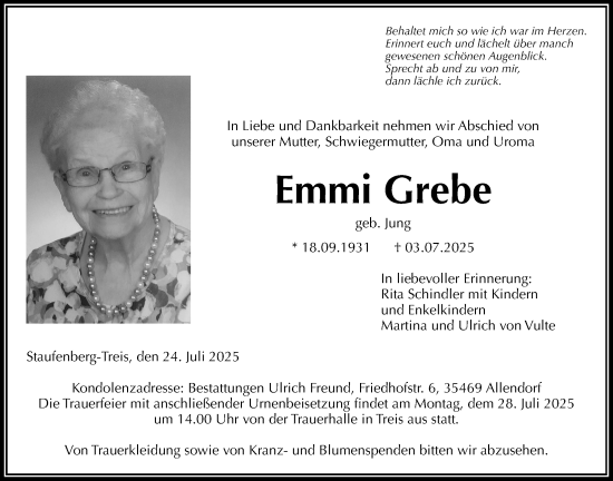 Traueranzeige von Emmi Grebe von Giessener Allgemeine, Alsfelder Allgemeine