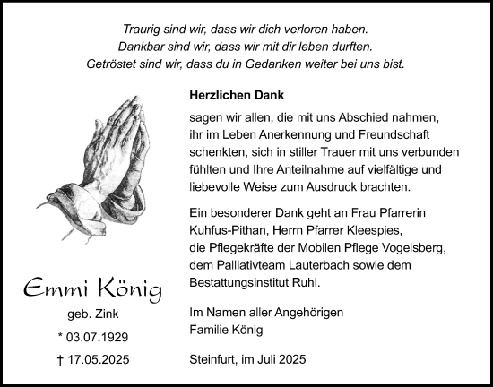 Traueranzeige von Emmi König von Lauterbacher Anzeiger