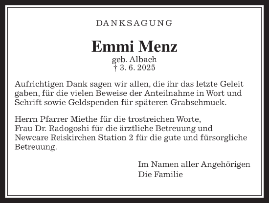 Traueranzeige von Emmi Menz von Giessener Allgemeine, Alsfelder Allgemeine