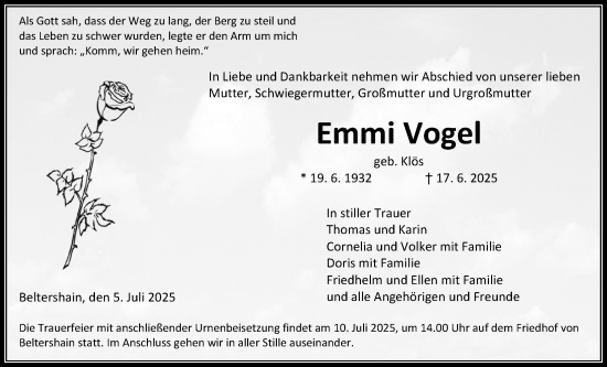 Traueranzeige von Emmi Vogel von Giessener Allgemeine, Alsfelder Allgemeine
