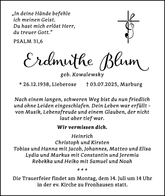 Traueranzeige von Erdmuthe Blum von Giessener Allgemeine, Alsfelder Allgemeine