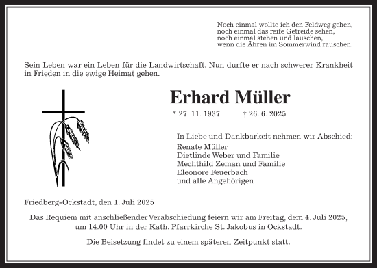 Traueranzeige von Erhard Müller von Wetterauer Zeitung