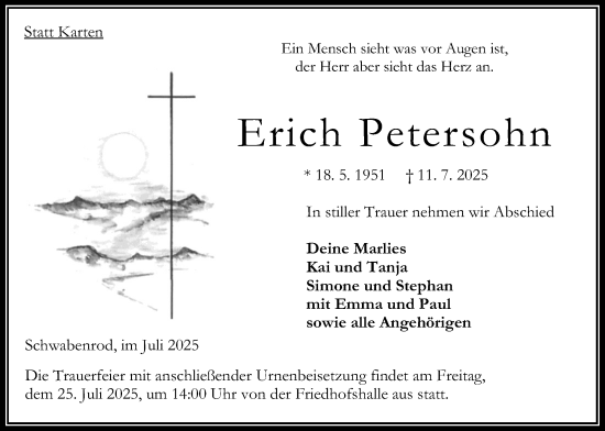 Traueranzeige von Erich Petersohn von Oberhessische Zeitung