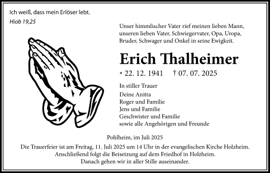 Traueranzeige von Erich Thalheimer von Giessener Allgemeine, Alsfelder Allgemeine