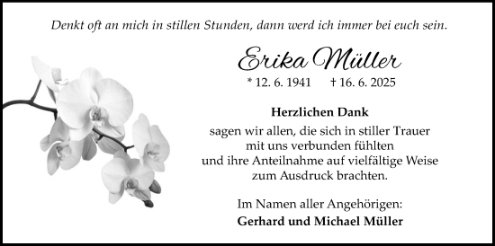 Traueranzeige von Erika Müller von Wetterauer Zeitung, Butzbacher Zeitung