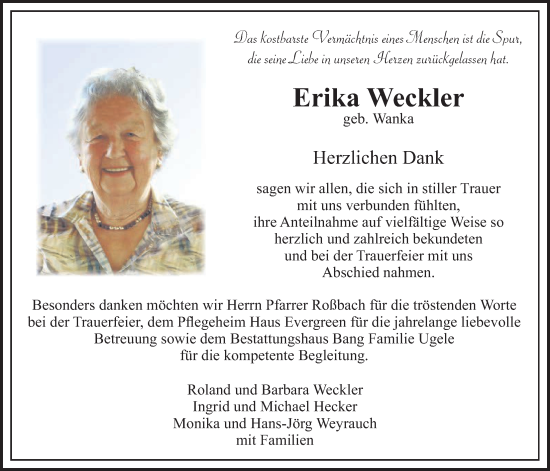 Traueranzeige von Erika Weckler von Butzbacher Zeitung