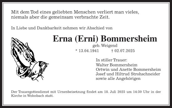 Traueranzeige von Erna Bommersheim von Wetterauer Zeitung