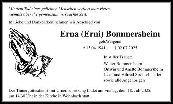 Traueranzeige von Erna Bommersheim von Licher Wochenblatt