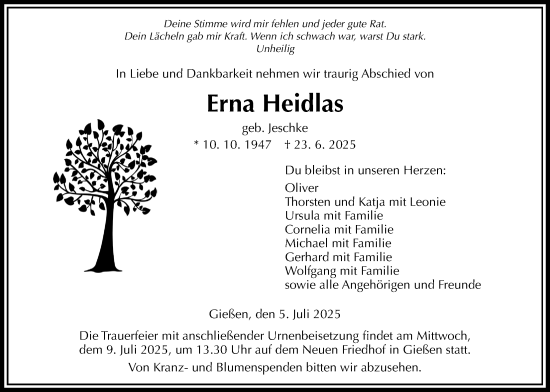 Traueranzeige von Erna Heidlas von Giessener Allgemeine, Alsfelder Allgemeine, Giessener Anzeiger