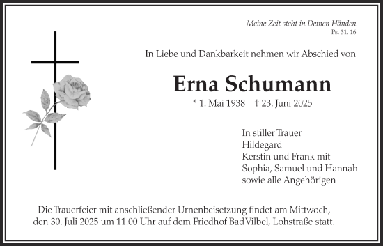 Traueranzeige von Erna Schumann von Bad Vilbel/Karben