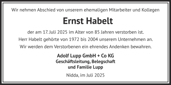 Traueranzeige von Ernst Habelt von Kreis-Anzeiger