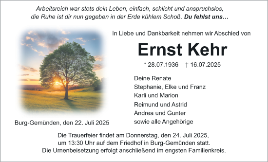 Traueranzeige von Ernst Kehr von Oberhessische Zeitung, Alsfelder Allgemeine
