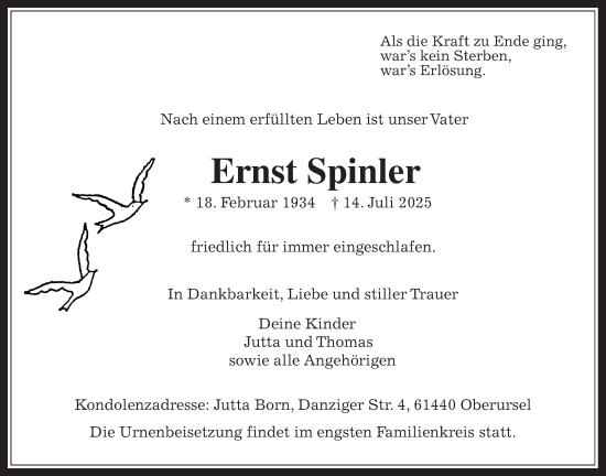Traueranzeige von Ernst Spinler von Usinger Anzeiger