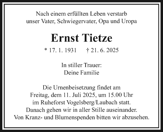 Traueranzeige von Ernst Tietze von Licher Wochenblatt