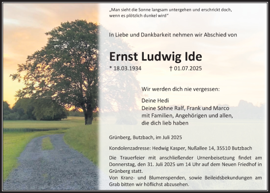 Traueranzeige von Ernst Ludwig Ide von Heimatzeitung Grünberg + Laubach, Giessener Allgemeine, Alsfelder Allgemeine, Giessener Anzeiger, Butzbacher Zeitung