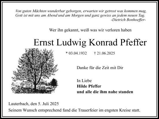 Traueranzeige von Ernst Ludwig Konrad Pfeffer von Lauterbacher Anzeiger