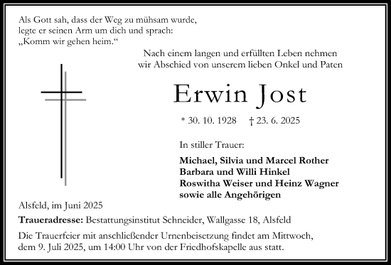 Traueranzeige von Erwin Jost von Oberhessische Zeitung
