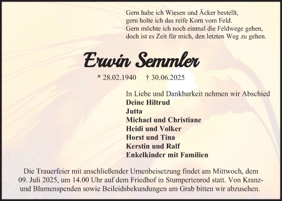 Traueranzeige von Erwin Semmler von Oberhessische Zeitung, Alsfelder Allgemeine