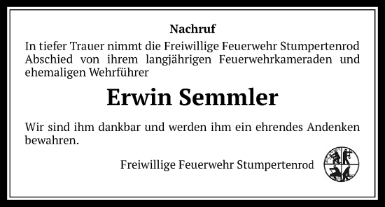 Traueranzeige von Erwin Semmler von Oberhessische Zeitung, Alsfelder Allgemeine