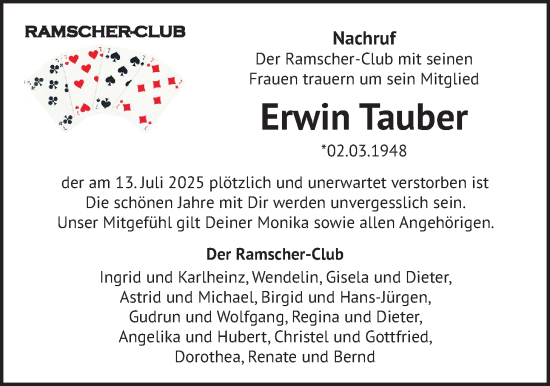 Traueranzeige von Erwin Tauber von Butzbacher Zeitung, Wetterauer Zeitung