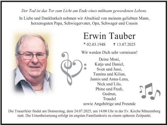 Traueranzeige von Erwin Tauber von Butzbacher Zeitung