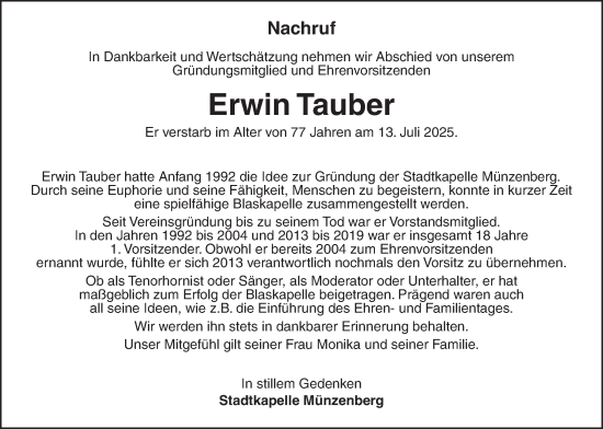 Traueranzeige von Erwin Tauber von Butzbacher Zeitung