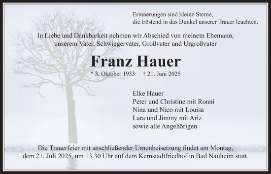 Traueranzeige von Franz Hauer von Wetterauer Zeitung