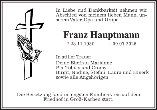 Traueranzeige von Franz Hauptmann von Bad Vilbel/Karben