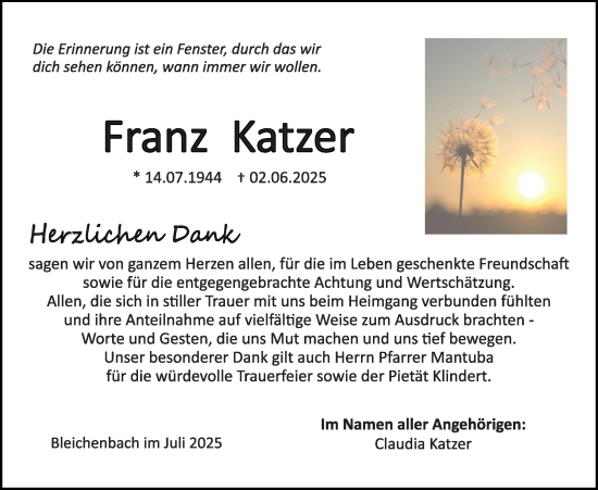 Traueranzeige von Franz Katzer von Kreis-Anzeiger