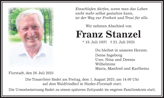 Traueranzeige von Franz Stanzel von Wetterauer Zeitung