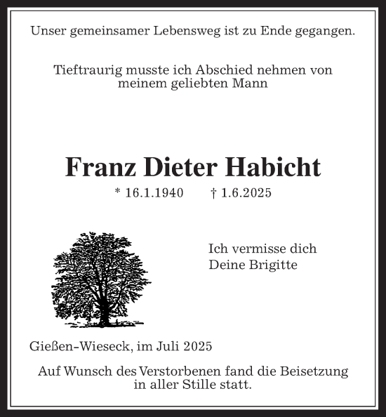 Traueranzeige von Franz Dieter Habicht von Giessener Allgemeine, Alsfelder Allgemeine, Giessener Anzeiger