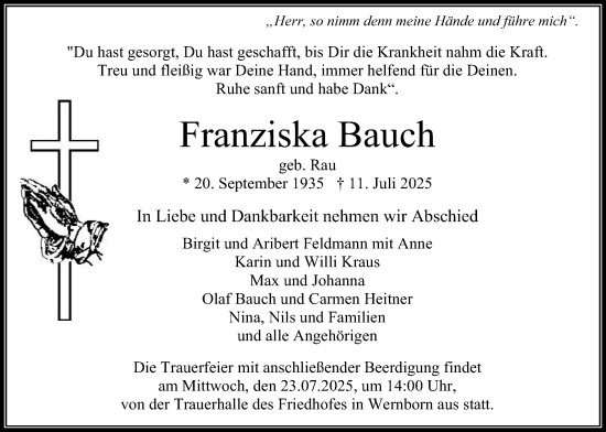 Traueranzeige von Franziska Bauch von Usinger Anzeiger