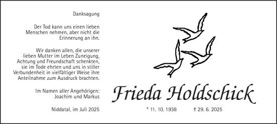 Traueranzeige von Frieda Holdschick von Wetterauer Zeitung