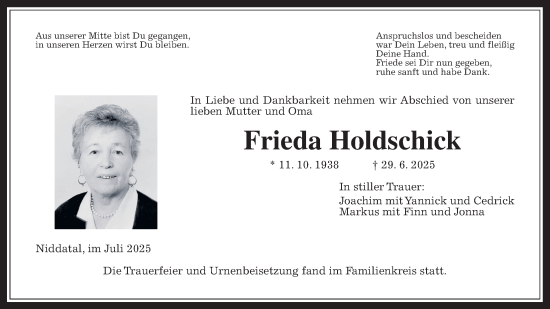 Traueranzeige von Frieda Holdschick von Wetterauer Zeitung