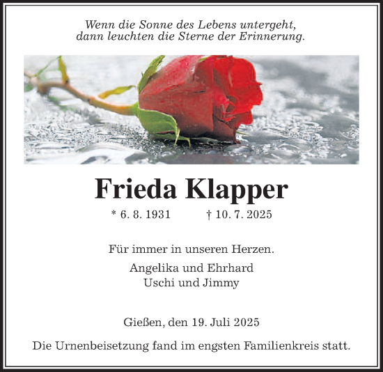 Traueranzeige von Frieda Klapper von Giessener Allgemeine, Alsfelder Allgemeine