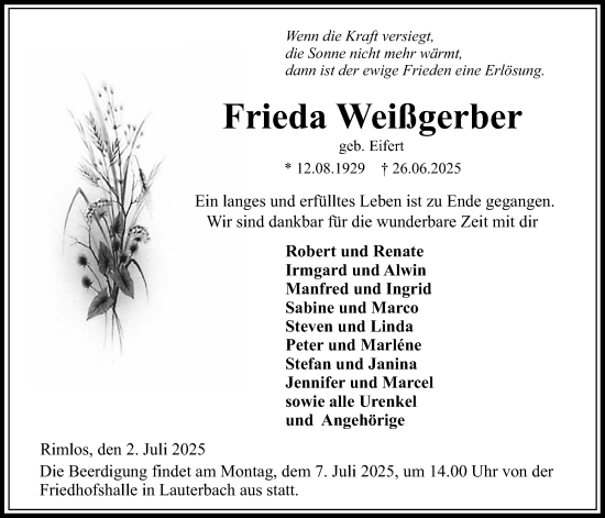 Traueranzeige von Frieda Weißgerber von Lauterbacher Anzeiger