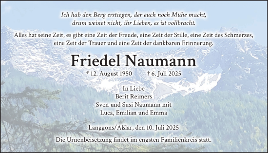 Traueranzeige von Friedel Naumann von Licher Wochenblatt