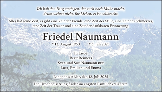 Traueranzeige von Friedel Naumann von Giessener Allgemeine, Alsfelder Allgemeine, Giessener Anzeiger, Butzbacher Zeitung