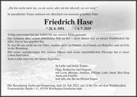 Traueranzeige von Friedrich Hase von Kreis-Anzeiger