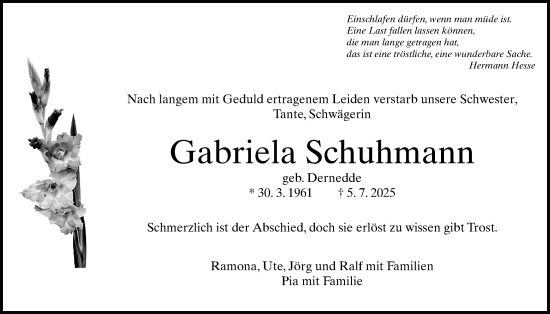 Traueranzeige von Gabriela Schuhmann von Butzbacher Zeitung