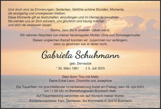 Traueranzeige von Gabriela Schuhmann von Butzbacher Zeitung