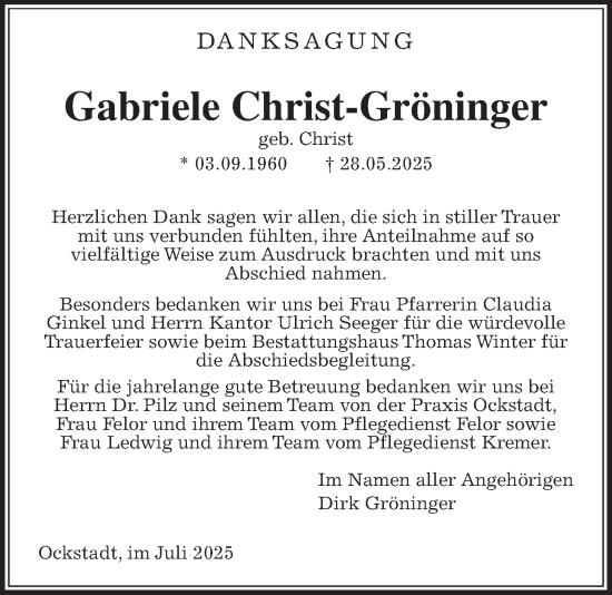 Traueranzeige von Gabriele Christ-Gröninger von Wetterauer Zeitung