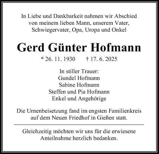 Traueranzeige von Gerd Günter Hofmann von Giessener Allgemeine, Alsfelder Allgemeine