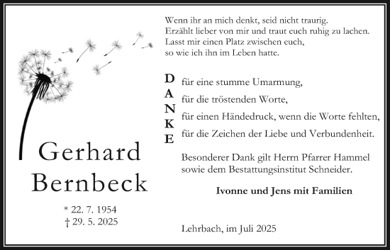 Traueranzeige von Gerhard Bernbeck von Oberhessische Zeitung, Alsfelder Allgemeine