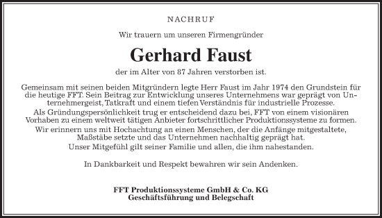 Traueranzeige von Gerhard Faust von Giessener Allgemeine, Alsfelder Allgemeine