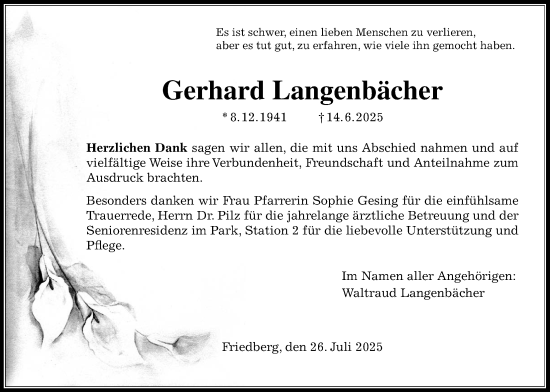 Traueranzeige von Gerhard Langenbächer von Wetterauer Zeitung