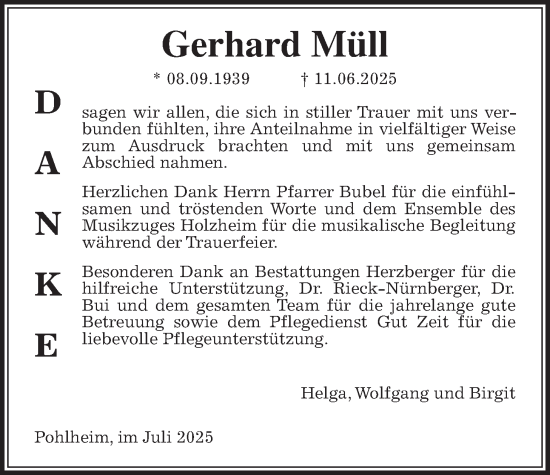 Traueranzeige von Gerhard Müll von Giessener Allgemeine, Alsfelder Allgemeine