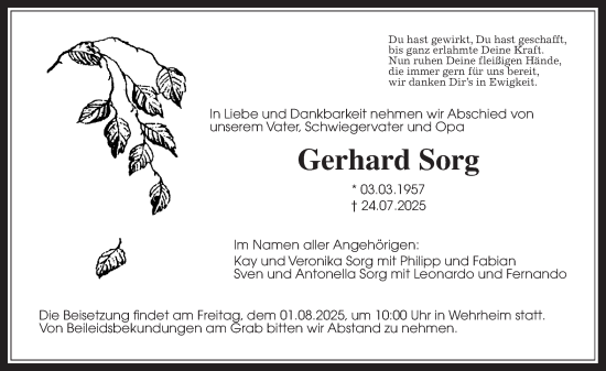 Traueranzeige von Gerhard Sorg von Usinger Anzeiger