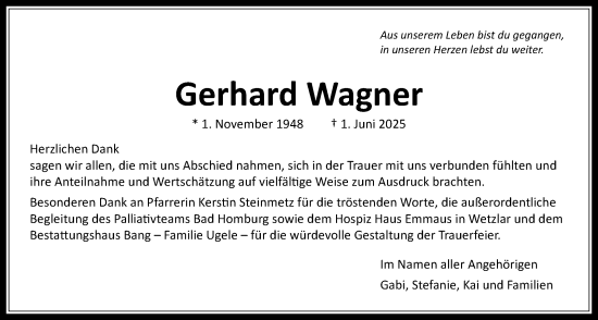 Traueranzeige von Gerhard Wagner von Usinger Anzeiger, Usinger Anzeigenblatt